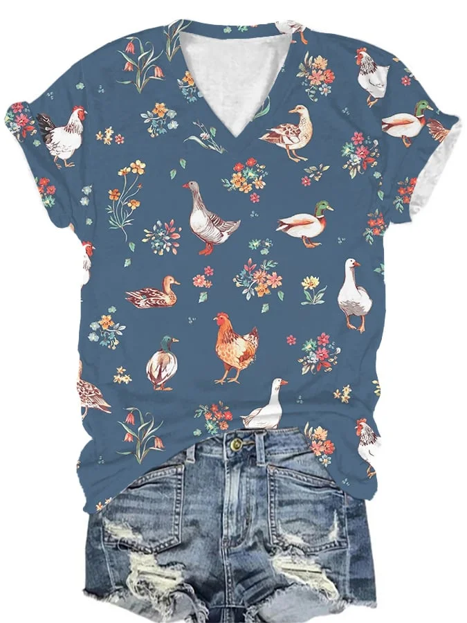 Women's Farm Animals and Floral Print T-Shirt socialshop