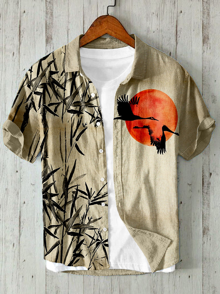 Comstylish Japanese Sumi E Red Cranes Rising Sun Bamboo Art Linen Blend Shirt