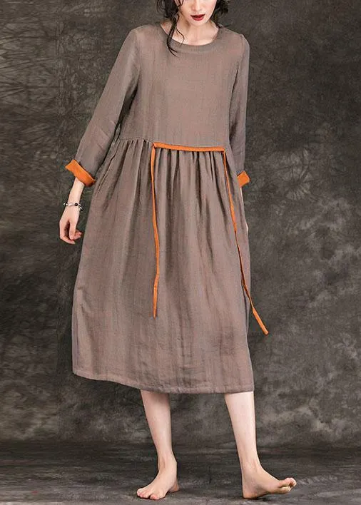 Women o neck tie waist Cinched linen Wardrobes brown Dress spring