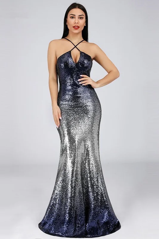 Chic Ombre Sequins Prom Dress Mermaid Long Halter Evening Gowns - lulusllly