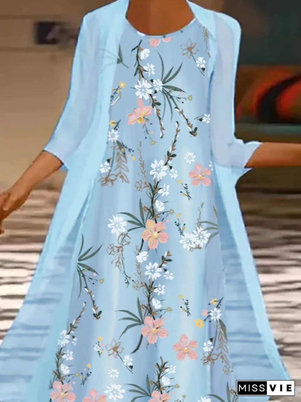 Three Quarter Sleeves Floral Printed Loosen Weaving Dress Suits