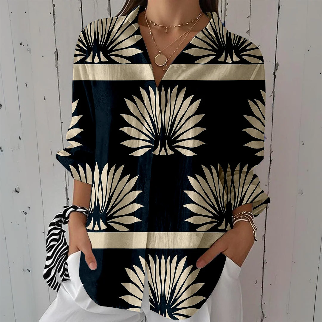 Style & Comfort for Mature Women Women Tropical, Black, White DZCL0079 3/4 Sleeve Shirt Collar Printed Button Tops
