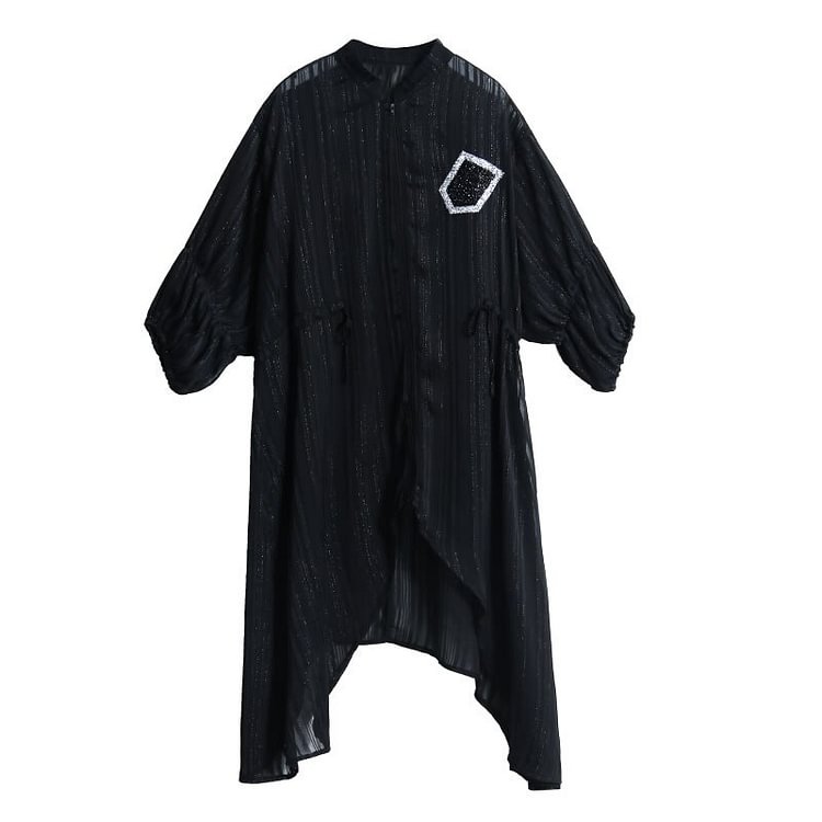 Fashion Loose Perspective Half Stand Collar Hot Drill Decor Drawstring Waist Long Sleeve Long Blouse