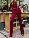 Fashion Solid Color Round-Neck Long Sleeves Shirts+ Wide Leg Elastics Drawstring Pants Two Pieces Set