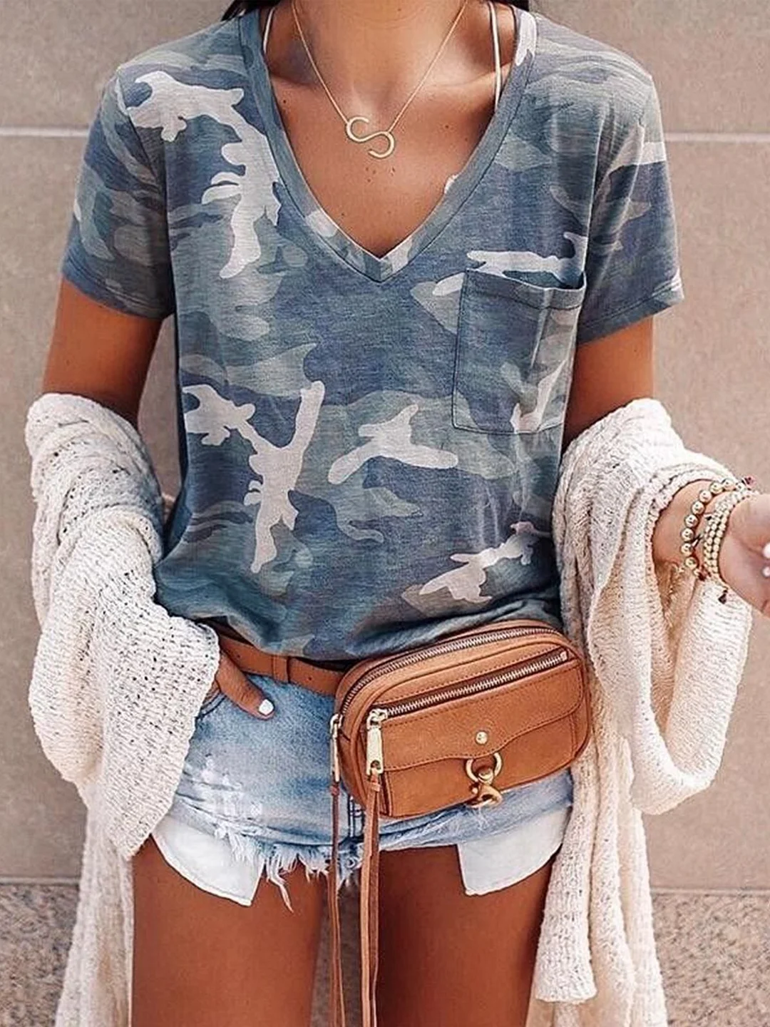 Green Printed Casual Short Sleeve Camouflage T-shirt