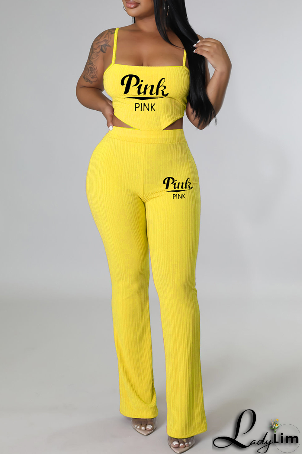 Orange Casual Print Letter Spaghetti Strap Sleeveless Two Pieces