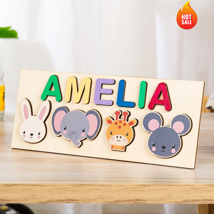 Personalized Wooden Name Puzzle, Custom Animals Wood Puzzle with Kids Name-Baby Gifts, Wooden Pegged Puzzles Educational Toy Gift for Toddlers/ Preschool Children Alphabet Early Learning