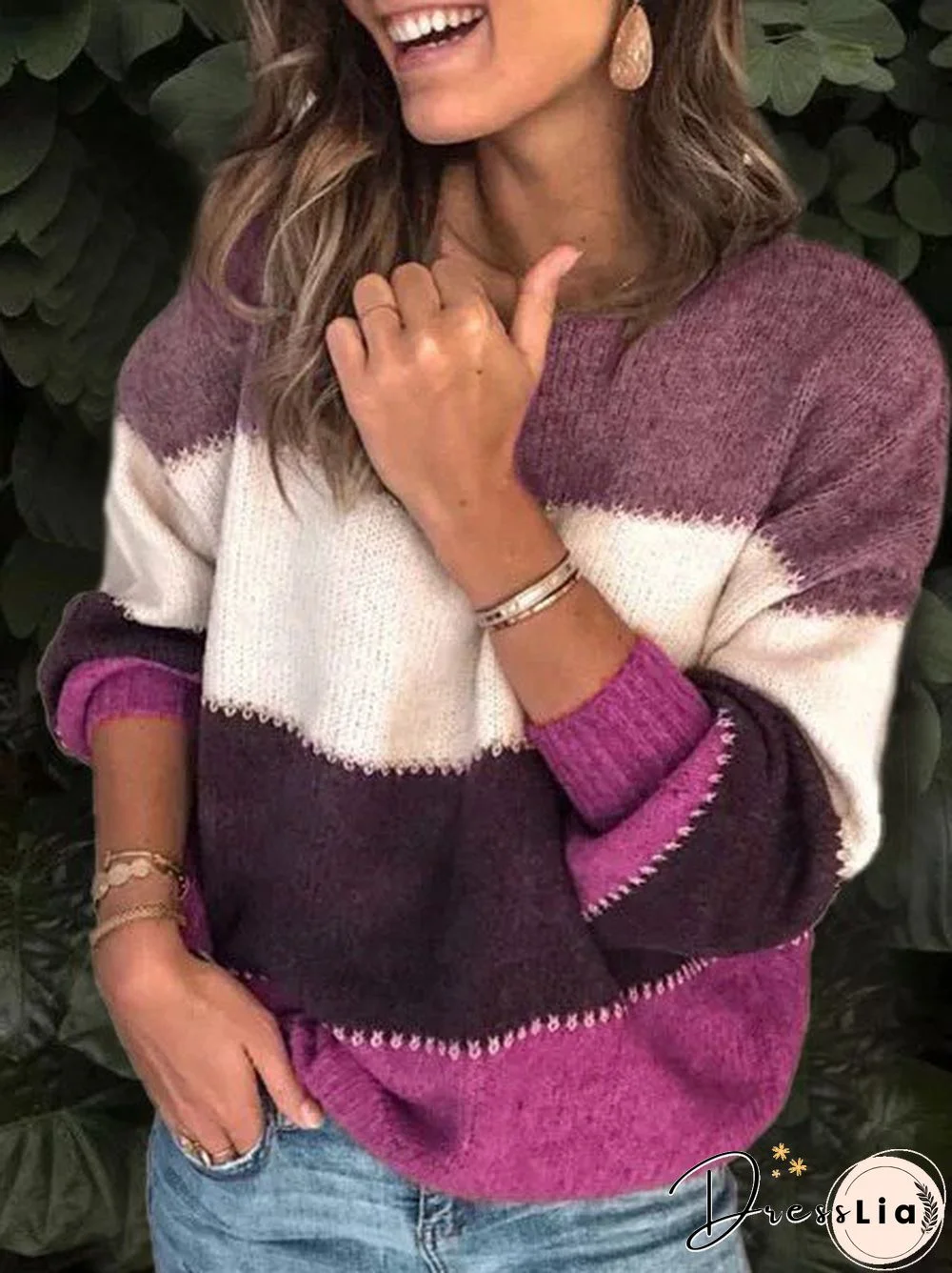 Women Plus Size Stripe Long Sleeve Casual Knit Pullover Sweater