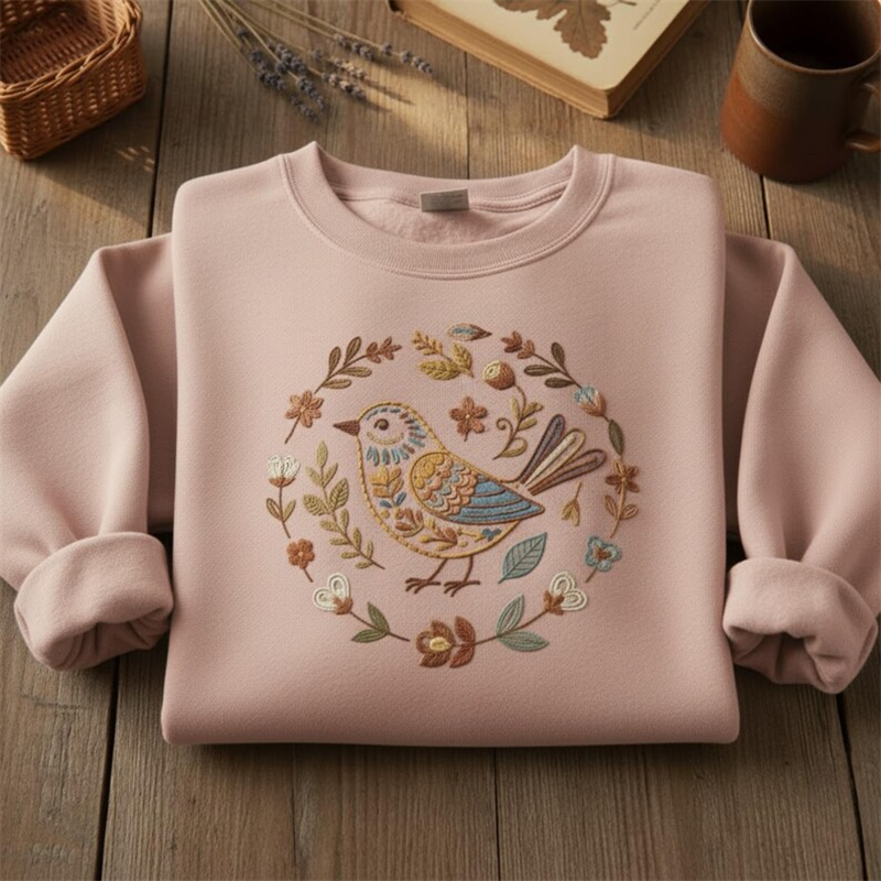 Bird Folk Art Embroidered Sweatshirt wearshes
