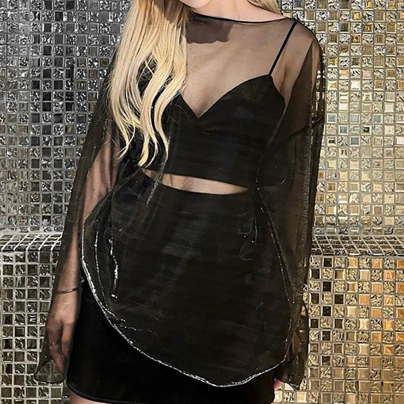 LLYGE Mesh See Through Long Sleeve Tshirts Women O Neck Stretch Casual Tops 2024 Fall Summer Nightclub Party Punk Y2K Clothes llyge