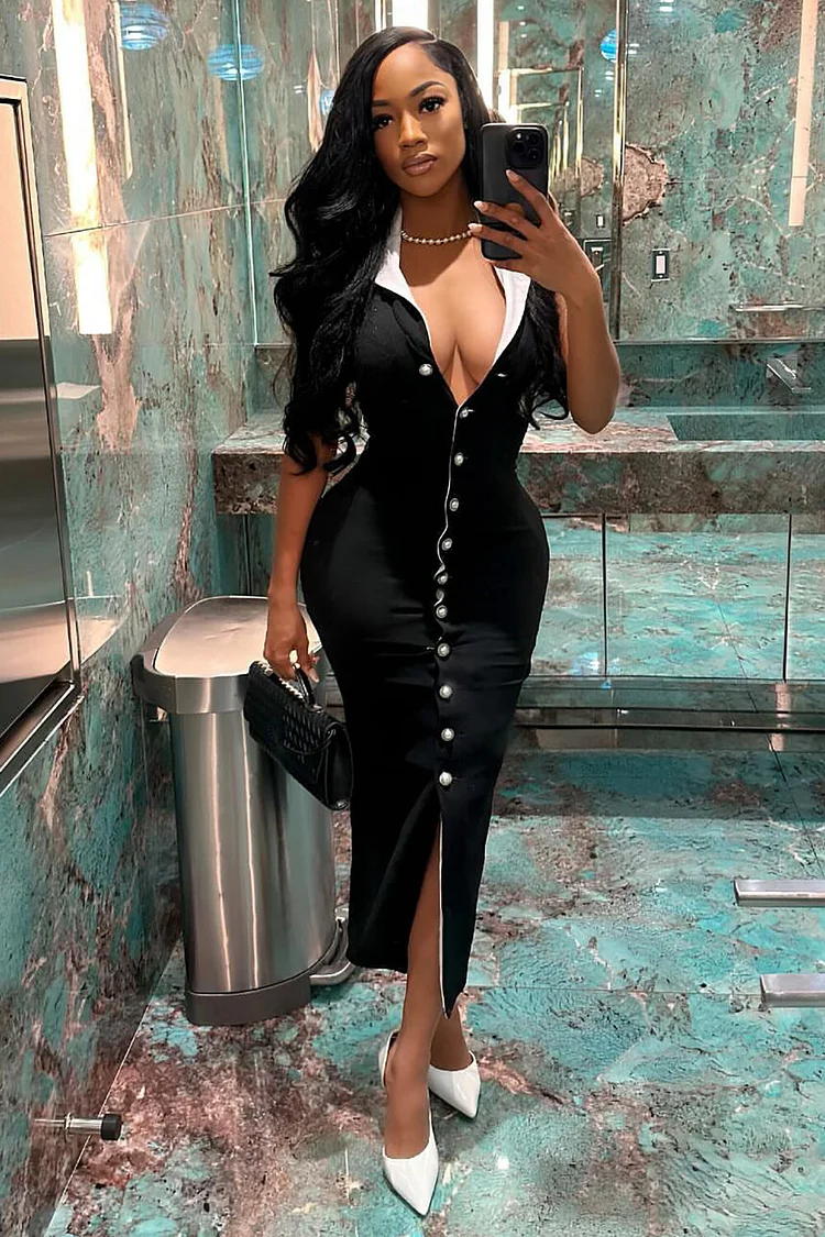 Colorblock Turndown Collar Button Up Sleeveless Bodycon Midi Dresses-Black