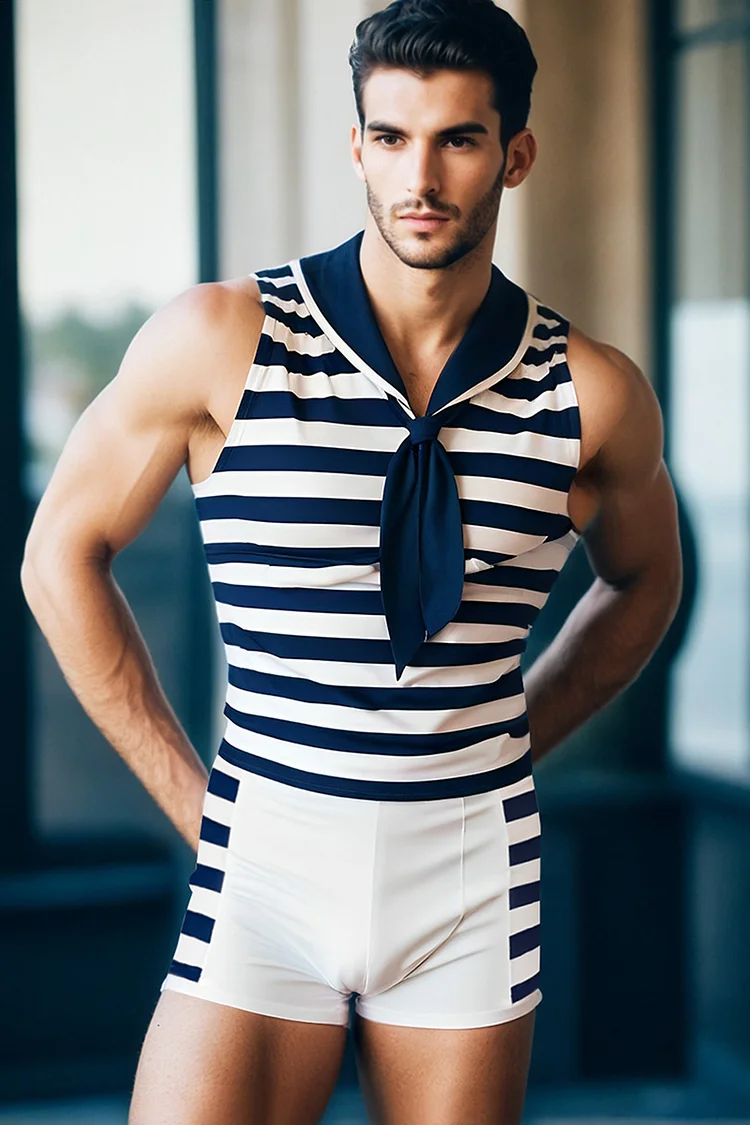 Men's Stripe Sailor Collar Tank Top Shorts Festival Costume Two Piece Set