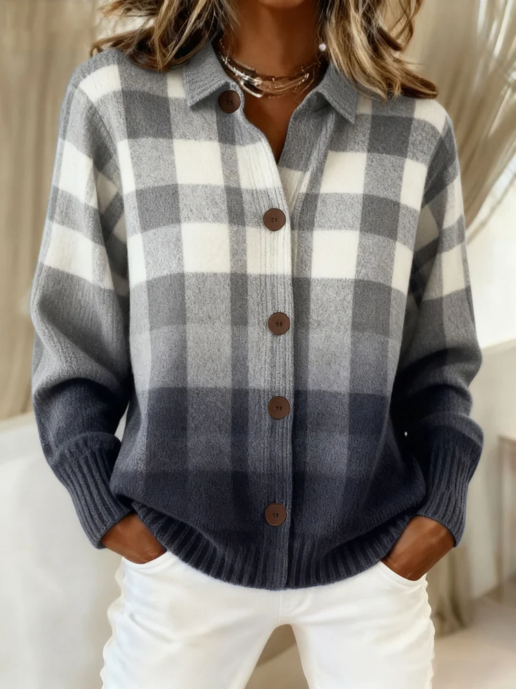 Women's  Vintage Plaid Art Print Casual Sweater