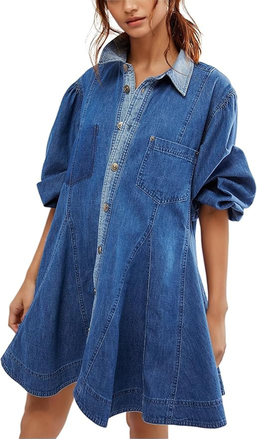 Mature Women Fashion Long Lantern Sleeve Button Denim Dress