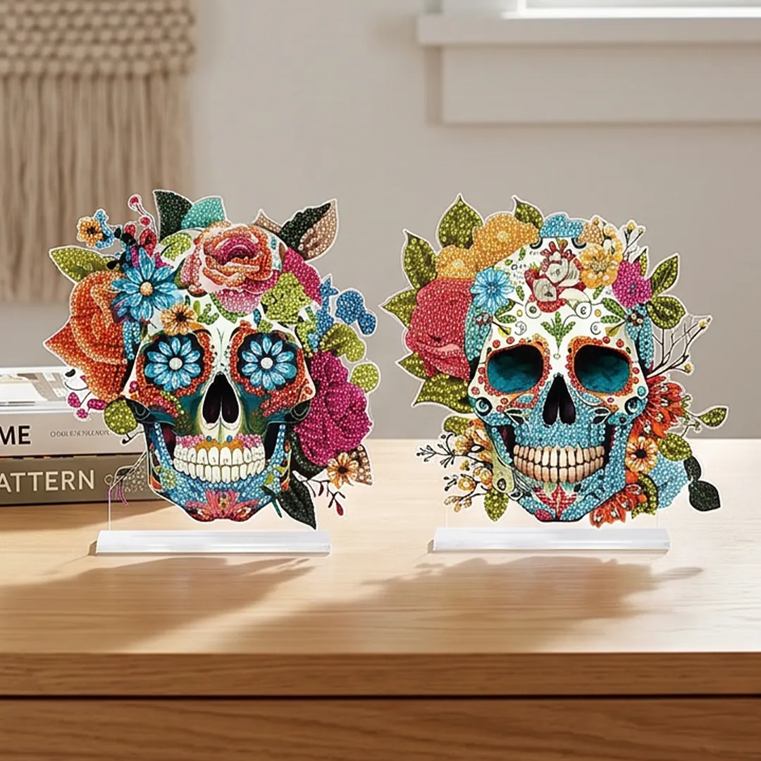 2Pcs DIY Diamond Art Tabletop Ornaments Reusable Special Gem Rhinestone Mosaic Craft Multi-Purpose Diamonds Art Suncatchers Flowers Gift for Craft Lovers (Flowers Skulls)