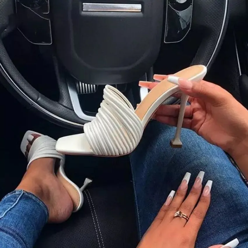 2021 Summer Women Sandals Square Toe Ladies Heel Mules Sexy Thin High Heels Sandals Slippers Female Fashion Woman Shoes 10.5CM