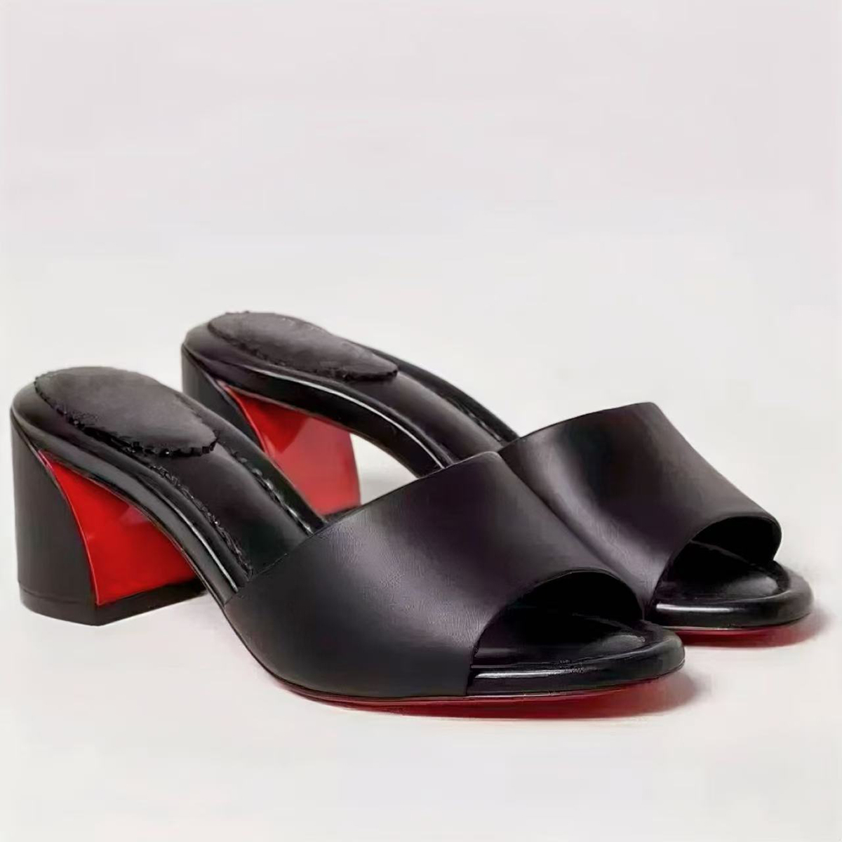 55mm Women's Chunky Mid-Heel Mules Red Bottom Sandals-MERUMOTE