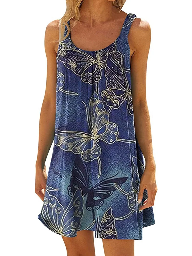 Blue Butterfly Print Sleeveless Strap Mini Casual Loose Fit Dress