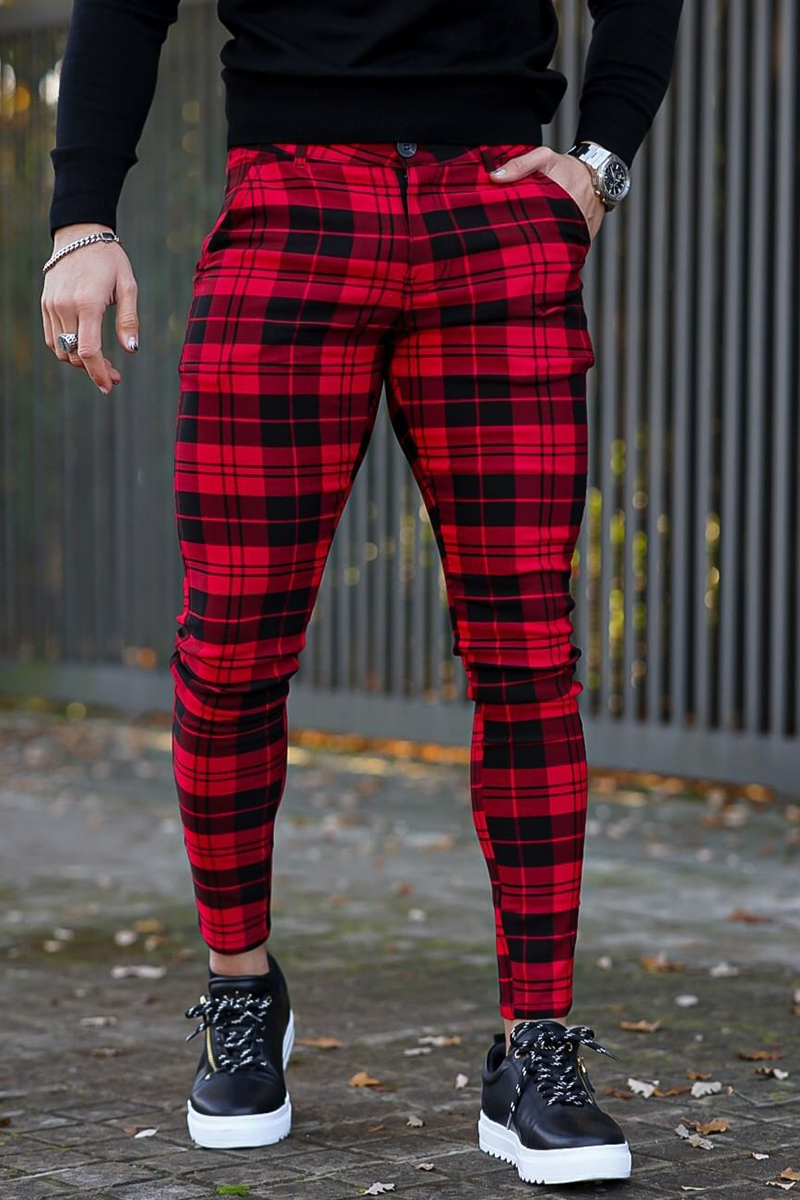 Ciciful Men's Plaid Print Black And Red Slim Fit Pants