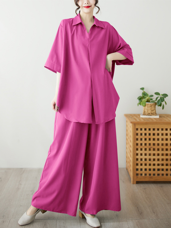 Oversized Short Sleeves Shirt And Wide Leg Pants Two-Piece Set