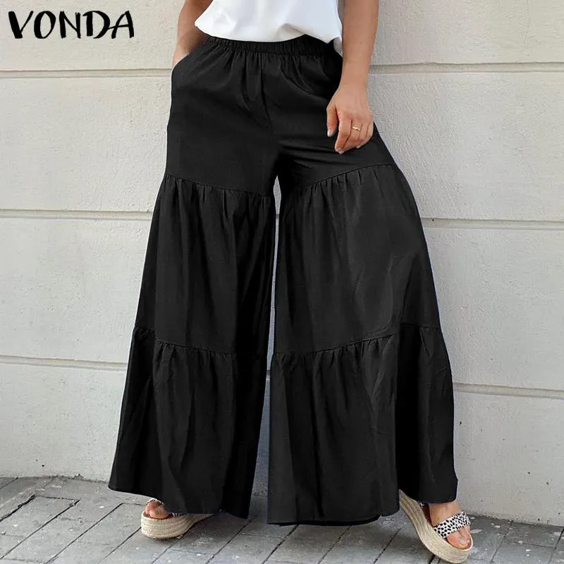 Casual Women Demin Wide Leg Pants 2022 VONDA Vintage Solid Color Elastic Waist Pleated Pants With Pockets Female Long Trousers