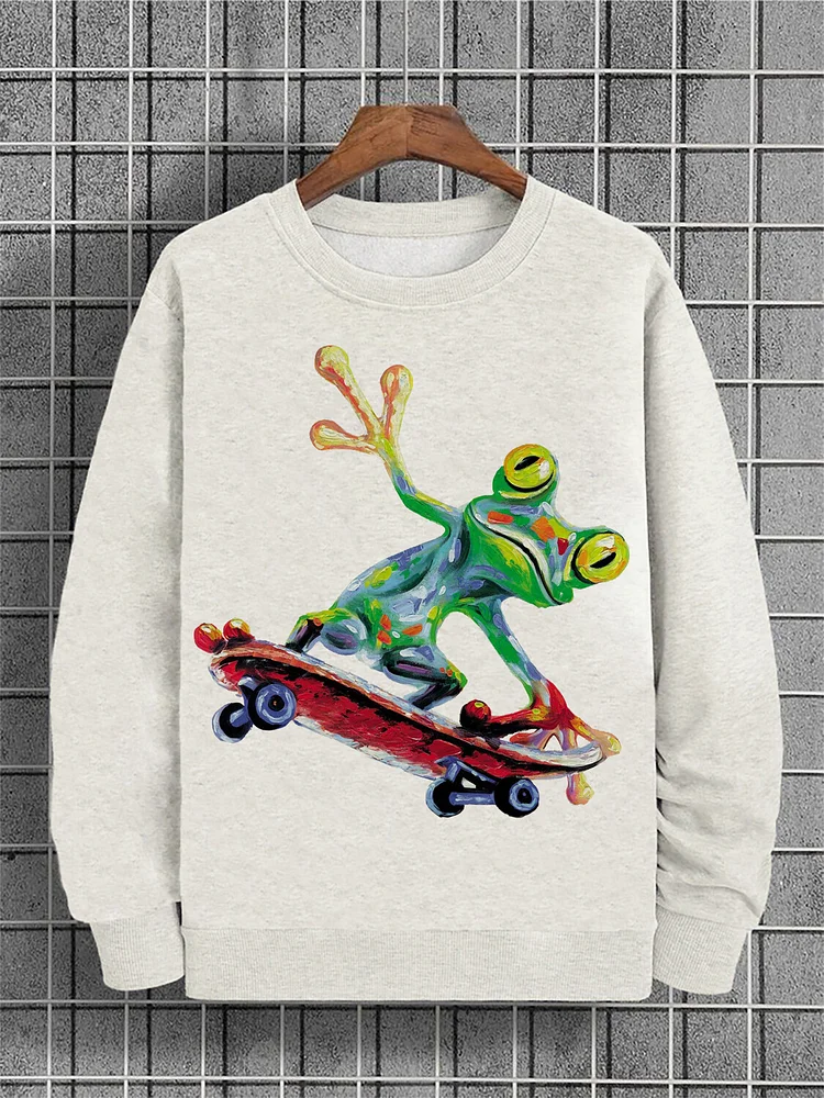 Men's Frog Playing Skateboard Print Cotton Casual Sweatshirt