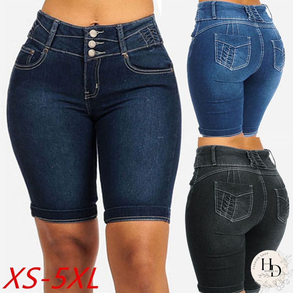 Women Summer Fashion High Waist Denim Shorts Jeggings Strech Skinny Short Jeans Summer Casual Shorts Plus Size XS-5XL Baggy Solid Jeans