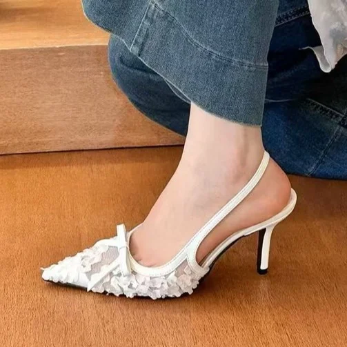 Yyvonne Spring And Summer New Lace Tip Fine Heel Bow High Heels Women's Bao Head After The Empty Sandals Shallow Mouth Single Shoes