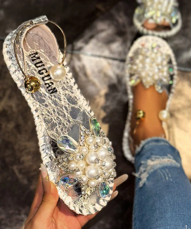 Silver Faux Leather Hiking Sandals Stylish Splicing Nail Bead Zircon