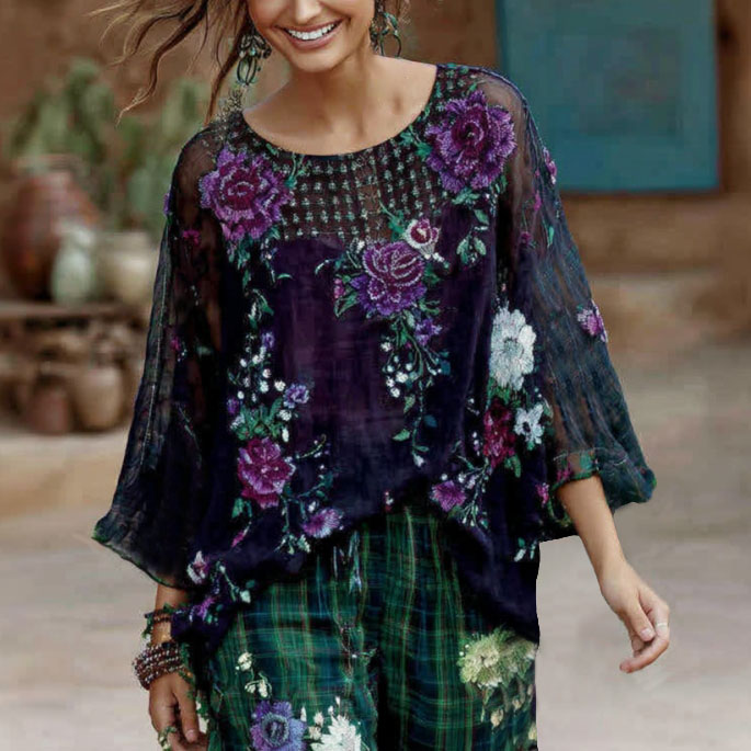 Women's Floral Art Print Linen Blend Casual T-shirt elevenforest