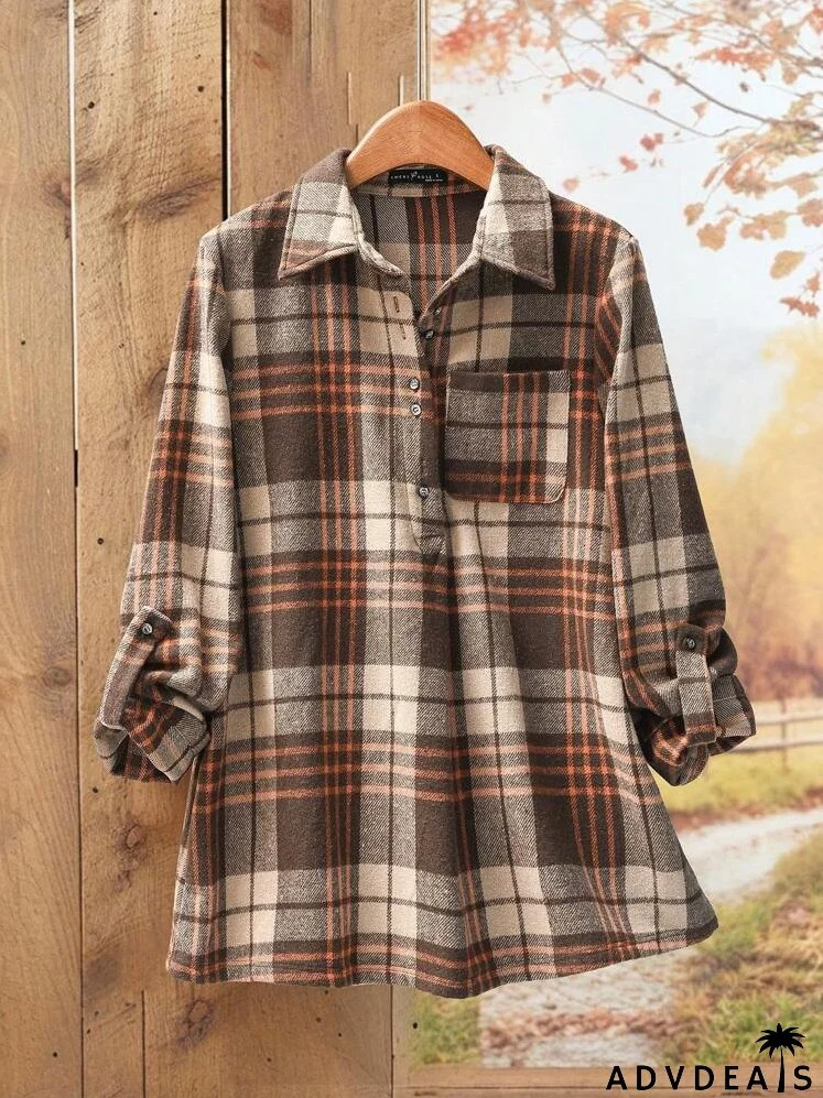 Women's Spring Autumn Rolled Sleeve Plaid Pocket Loose Casual Shirt