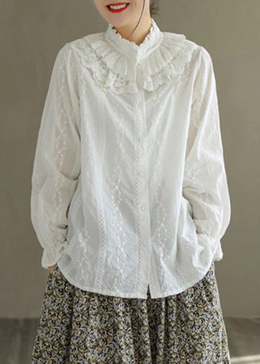 Jacquard White Ruffled Embroideried Lace Patchwork Button Cotton Shirt Long Sleeve