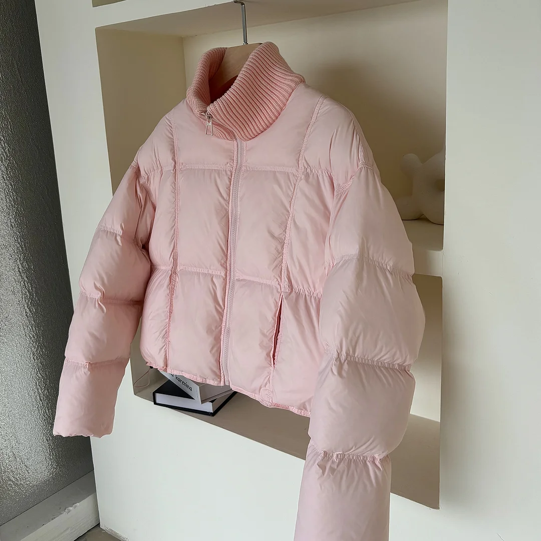 Toloer Knit High Collar 90 White Duck Down Down Jacket Women's Short Style 2024 Winter Thick Puff Feeling Advanced Sense Bread Coat-Outfit Ideas