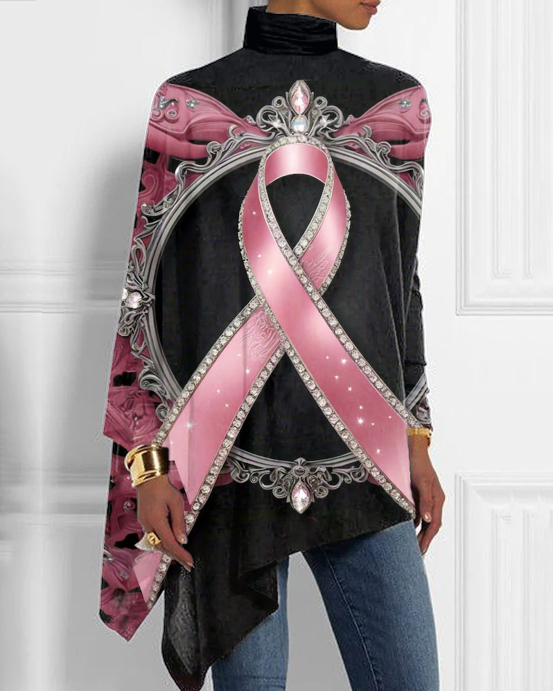 Pink Crown Breast Cancer Half Turtleneck Hem Top