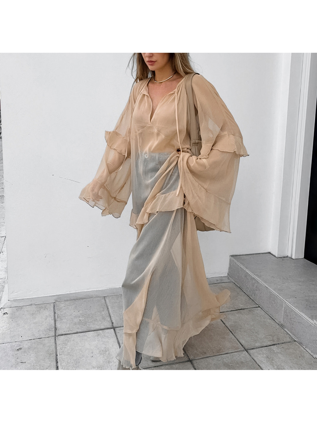 2025 Autumn European And American Sheer Chiffon Dress Desire Style Loose Khaki Batwing Sleeve Long Dress