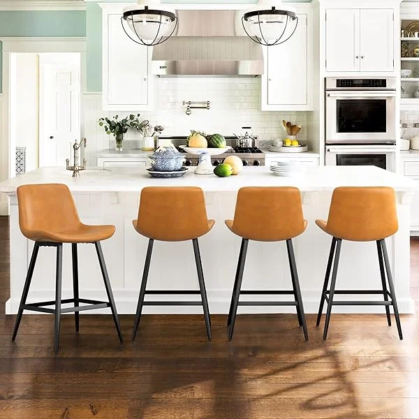 24 inch Counter Stool, Modern Bucket Barstool Set of 3, Barstools with Back and Footrest, Faux Leather Bar Stools for Kitchen Island Restaurants, Black 24 Inch Black 3