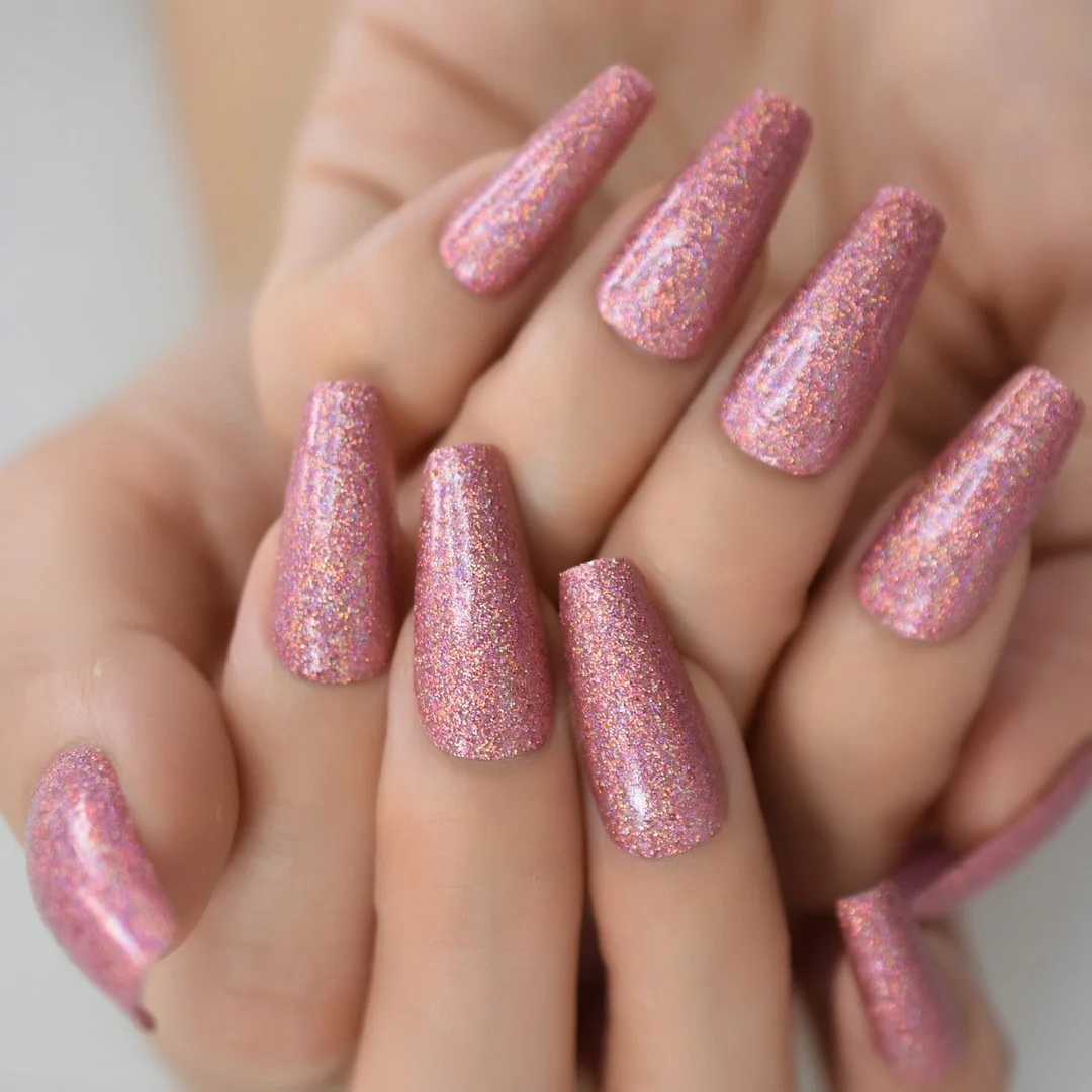 Ballerina Long Fake Nails Shimmer Glitter Press On Nails Full Cover False Stick On Nail Tips Pink