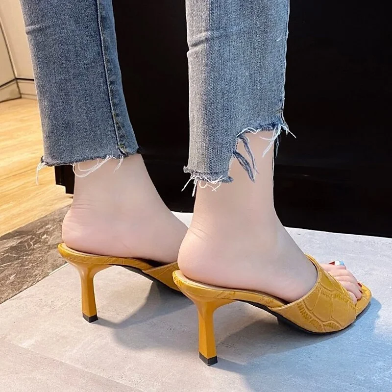 Women's Heels Heeled Mules Stiletto Heel Square Toe Patent Leather PU Loafer Solid Colored Black Yellow Beige | IFYHOME