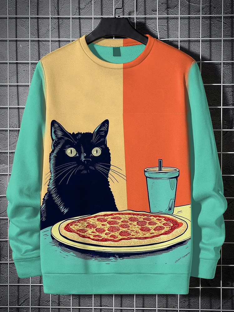 Men's Black Cat Eating Pizza Art Print Casual Sweatshirt