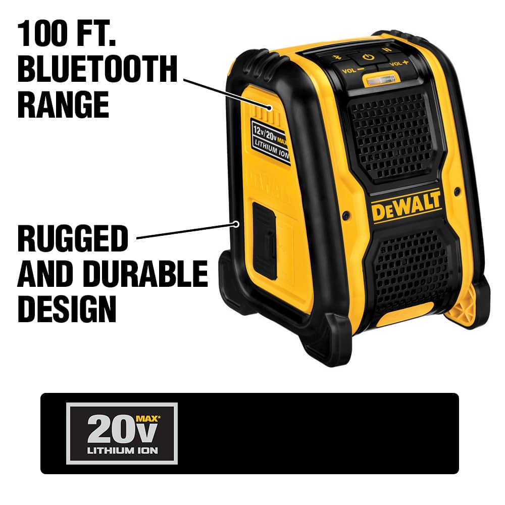 The DCR006 Jobsite Bluetooth Speaker is Lightweight, portable and includes AUX and USB ports.  It runs off of 20V MAX batteries and AC power.