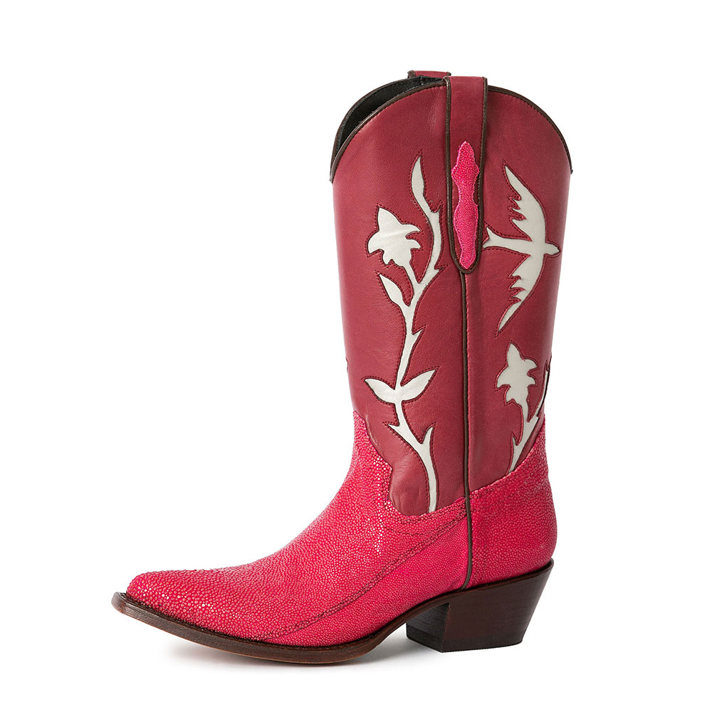 Red Flower and Bird Inlay Snip Toe Mid-Calf Cowgirl Boots for Women Nicepairs