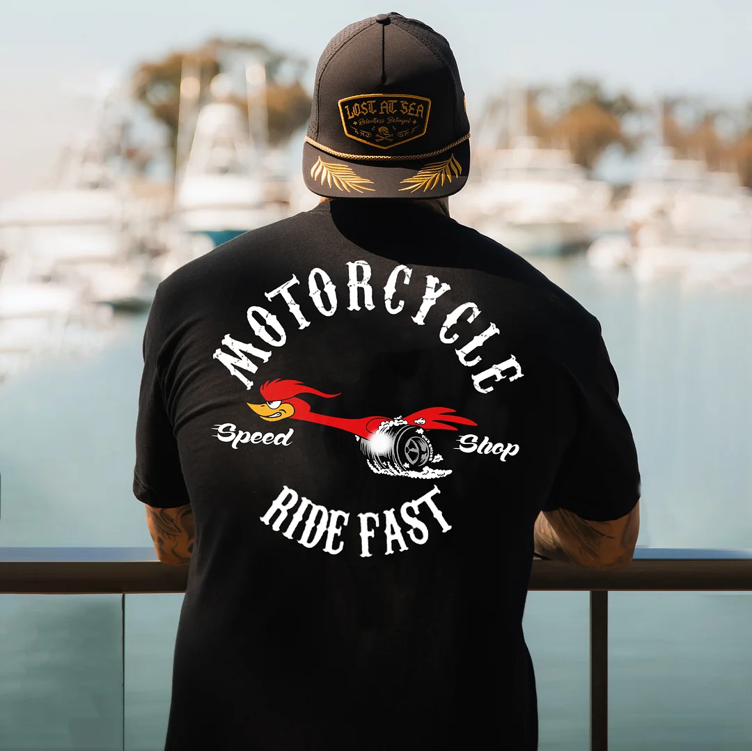 MOTORCYCLE RIDE FAST Hot Rod Bird Print Men's T-shirt