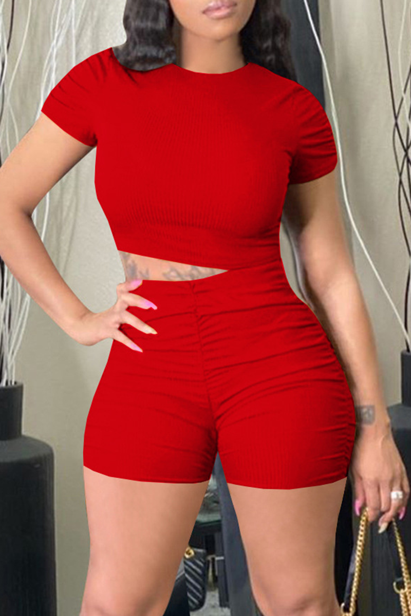 Red Casual Solid Patchwork O Neck Short Sleeve Two Pieces | EGEMISS