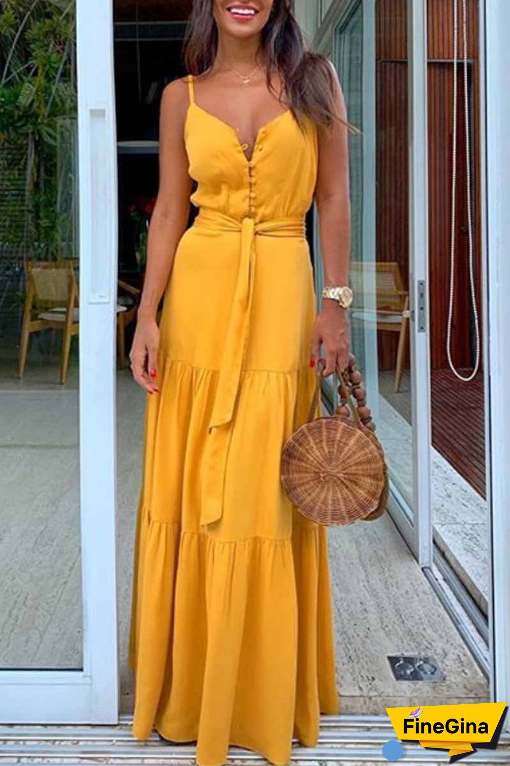 Button V-Neck Maxi Dress With Belt