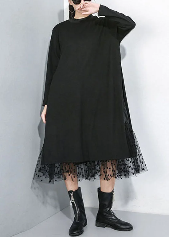 Women Black Asymmetrical Tulle Patchwork Cotton Maxi Dresses Spring