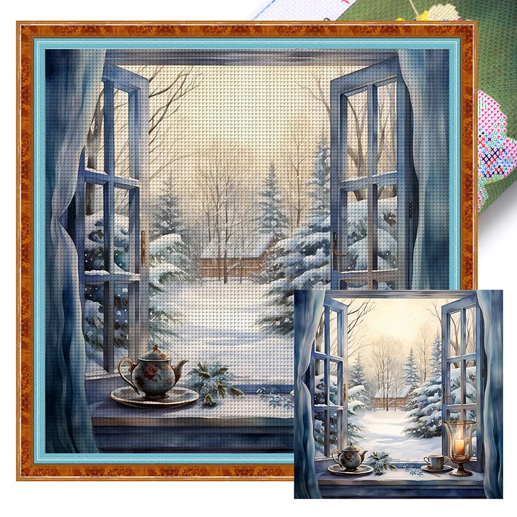 【Huacan Brand】Snow Scene Outside The Window 11CT Stamped Cross Stitch 50*50CM