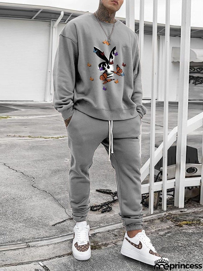 Comfy Mens Track Suits Printed Long Sleeve Sweatshirt + Track Pants