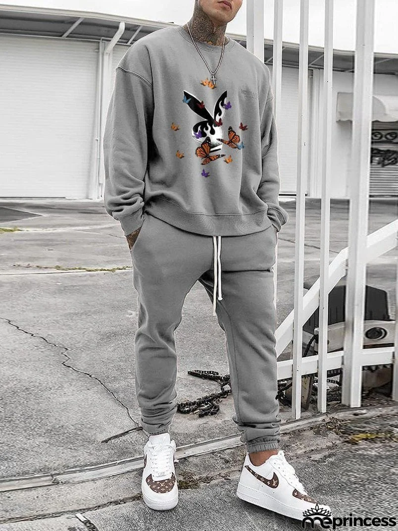 Comfy Mens Track Suits Printed Long Sleeve Sweatshirt + Track Pants