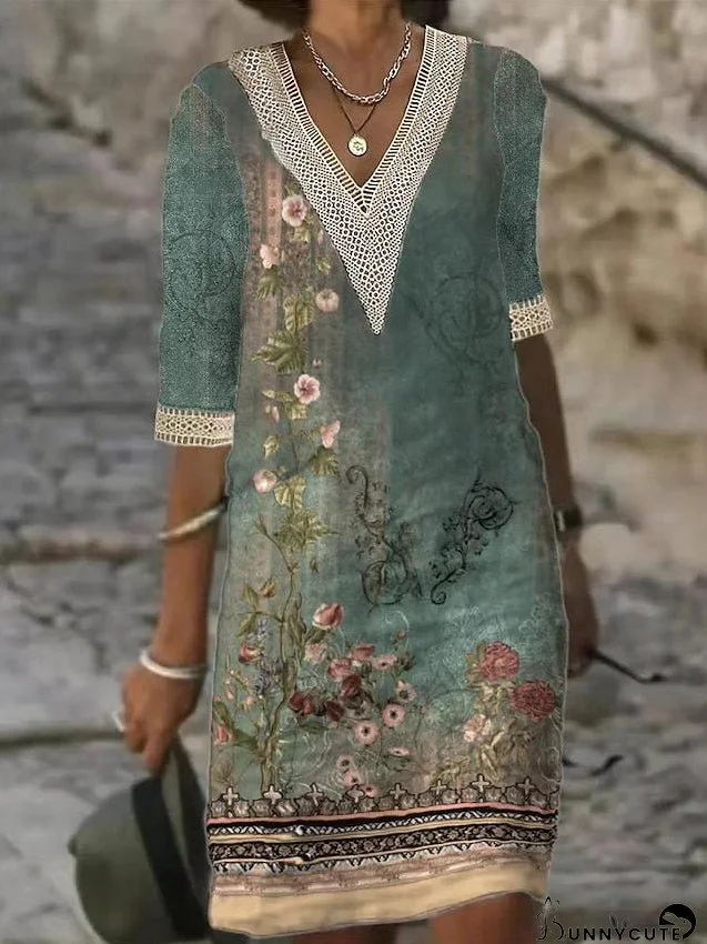 Casual Dress Floral Dress Summer Dress Floral Lace Trim Print V Neck Mini Dress Streetwear Holiday Weekend Half Sleeve Regular Fit Red Blue Green Summer S M L XL 2XL for Women