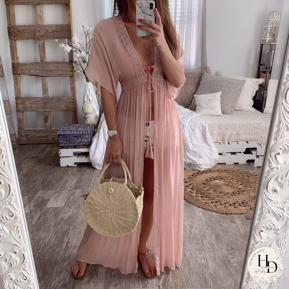 Summer Lace Cardigan Solid Color Holiday Style Dress Long Skirt